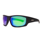 3-4 front view of Liive Vision Kuta wrap around Sunglasses (L0633A) with mirrored green lenses, featuring a visible 'LIIVE' brand logo, on a white background.