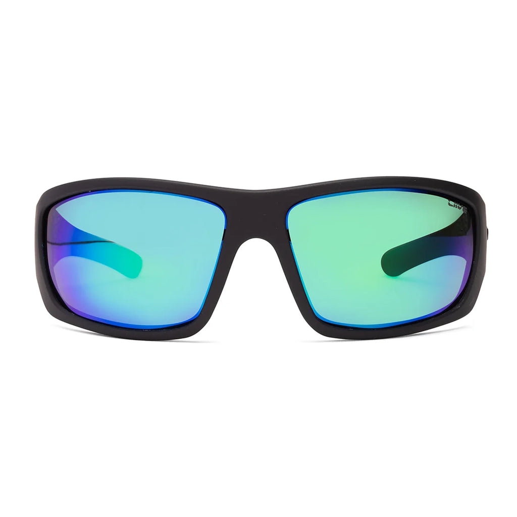 Front view of Liive Vision Kuta wrap around Sunglasses (L0633A) with mirrored green lenses, featuring a visible 'LIIVE' brand logo, on a white background.