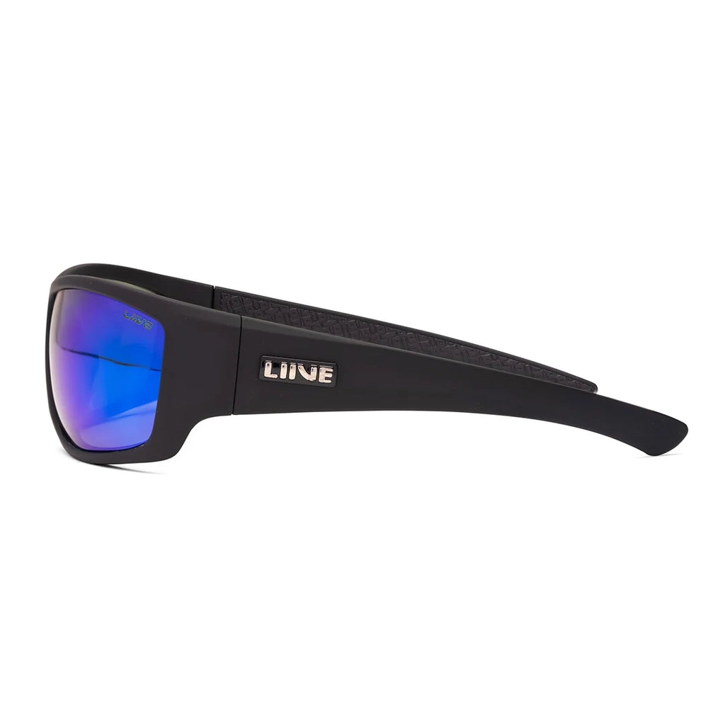 Side view of Liive Vision Kuta wrap around Sunglasses (L0633A) with mirrored green lenses, featuring a visible 'LIIVE' brand logo, on a white background.