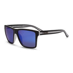 3-4 front view of Liive Vision Laguna Sunglasses (L0717A) with matt black and white frames and vibrant blue mirrored lenses, shown against a plain white background.