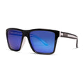 3-4 view of Liive Vision Laguna Sunglasses (L0717A) with matt black and white frames and vibrant blue mirrored lenses, shown against a plain white background.