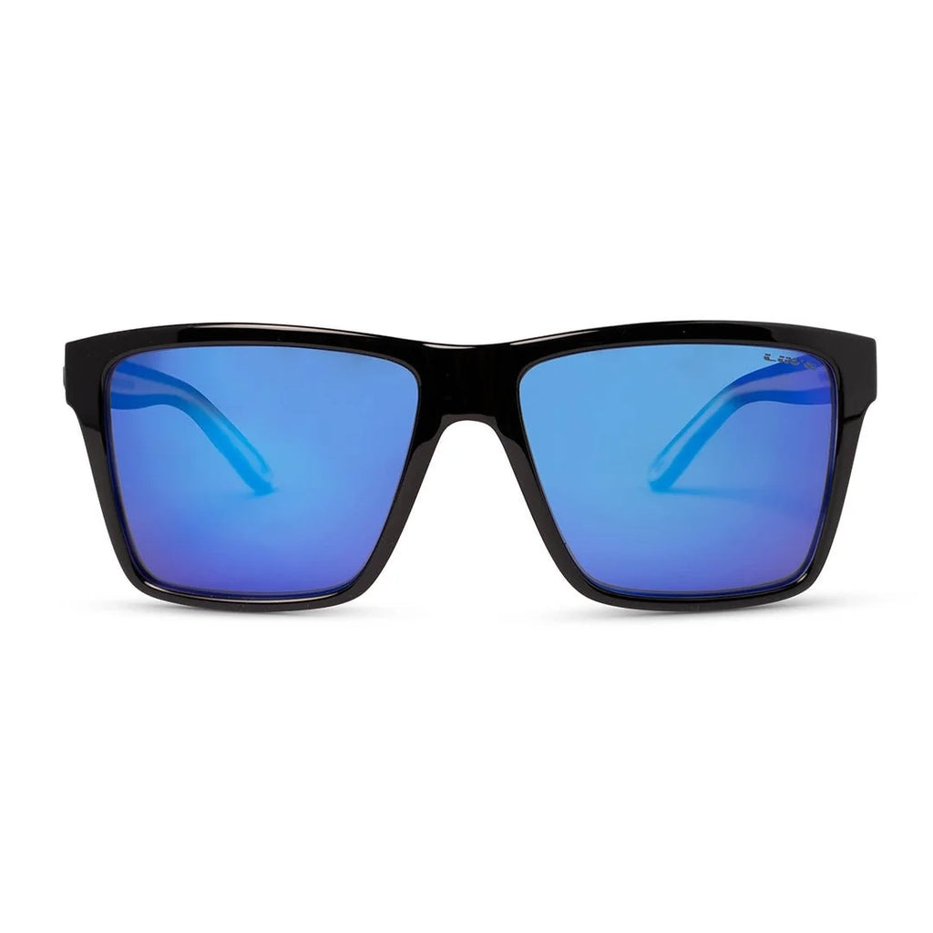Front view of Liive Vision Laguna Sunglasses (L0717A) with matt black frames and vibrant blue mirrored lenses, shown against a plain white background.
