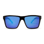 Front view of Liive Vision Laguna Sunglasses (L0717A) with matt black frames and vibrant blue mirrored lenses, shown against a plain white background.