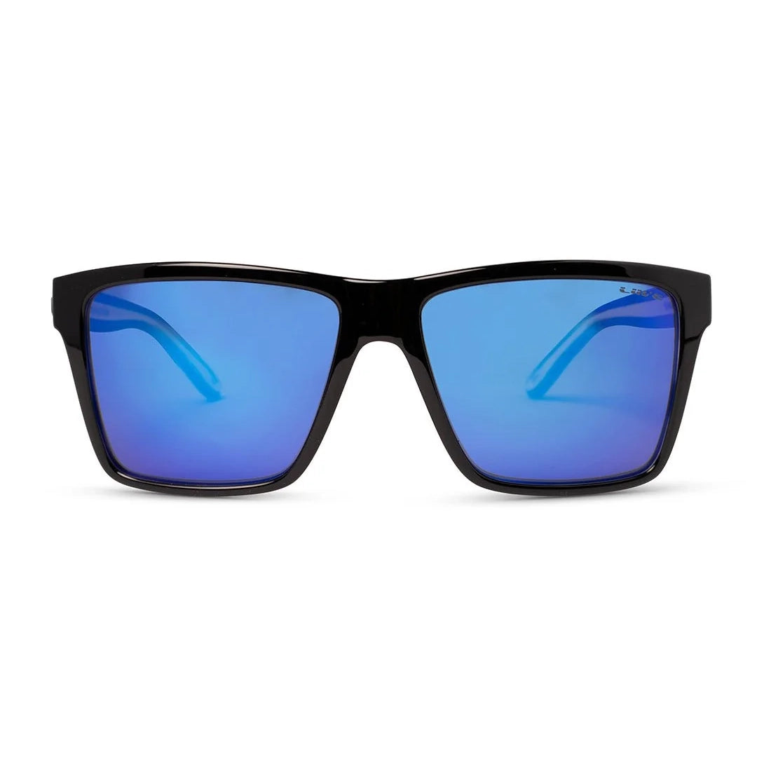 Front view of Liive Vision Laguna Sunglasses (L0717A) with matt black frames and vibrant blue mirrored lenses, shown against a plain white background.