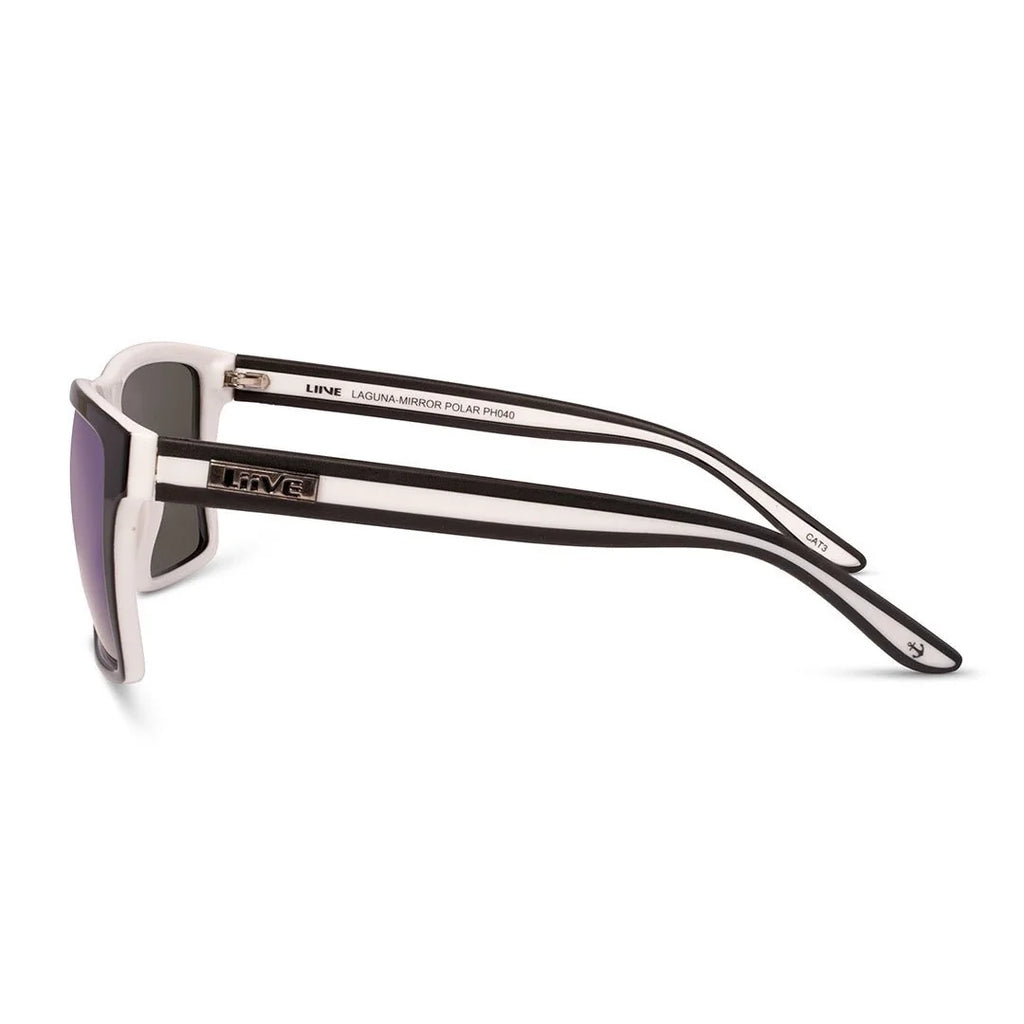 Side view of Liive Vision Laguna Sunglasses (L0717A) with matt black and white frames and vibrant blue mirrored lenses, shown against a plain white background.