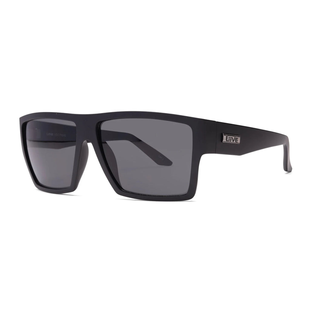 3-4 View of Liive Vision Volt Sunglasses (L0615A) Matt Black with black frame on a white background.