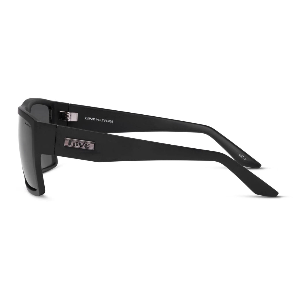 Side View of Liive Vision Volt Sunglasses (L0615A) Matt Black with black frame on a white background.