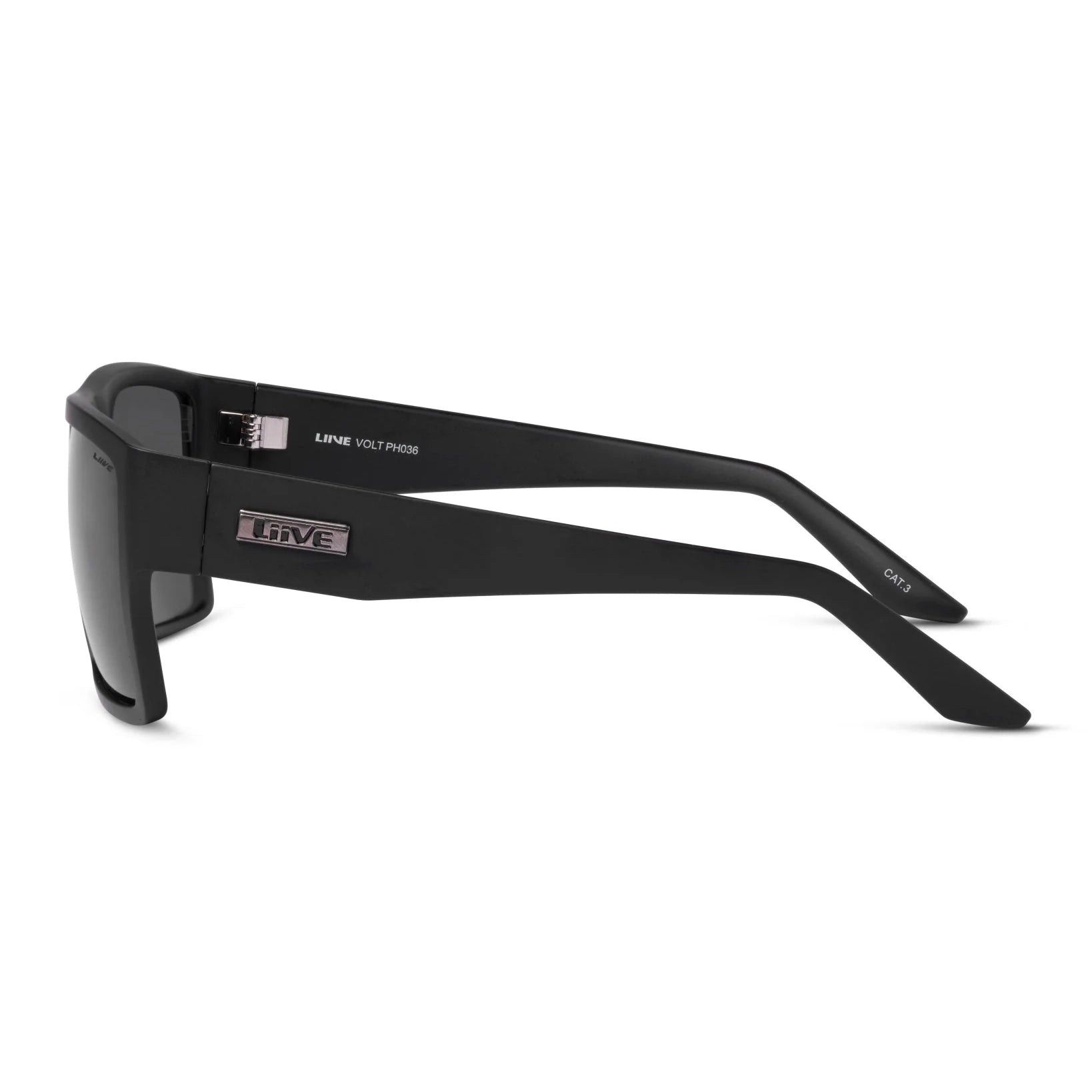 Side View of Liive Vision Volt Sunglasses (L0615A) Matt Black with black frame on a white background.