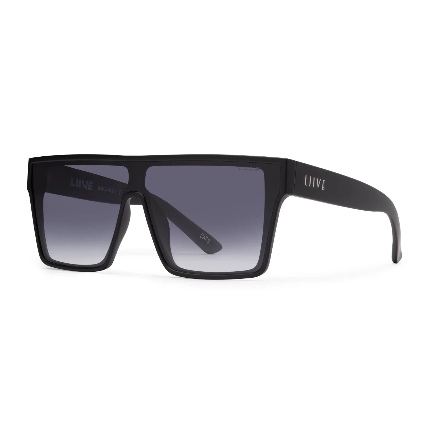 3-4 front view of a pair of matte black square Liive Vision Wasteland Sunglasses (L0827A) with smoke lenses and 'LIIVE' branding on the temple, shown on a clean white background.