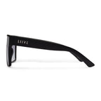 Side view of a pair of matte black square Liive Vision Wasteland Sunglasses (L0827A) with smoke lenses and 'LIIVE' branding on the temple, shown on a clean white background.