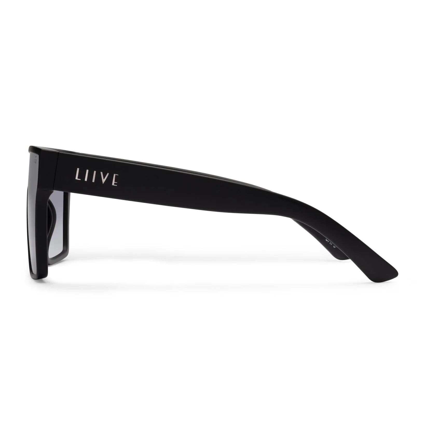 Side view of a pair of matte black square Liive Vision Wasteland Sunglasses (L0827A) with smoke lenses and 'LIIVE' branding on the temple, shown on a clean white background.