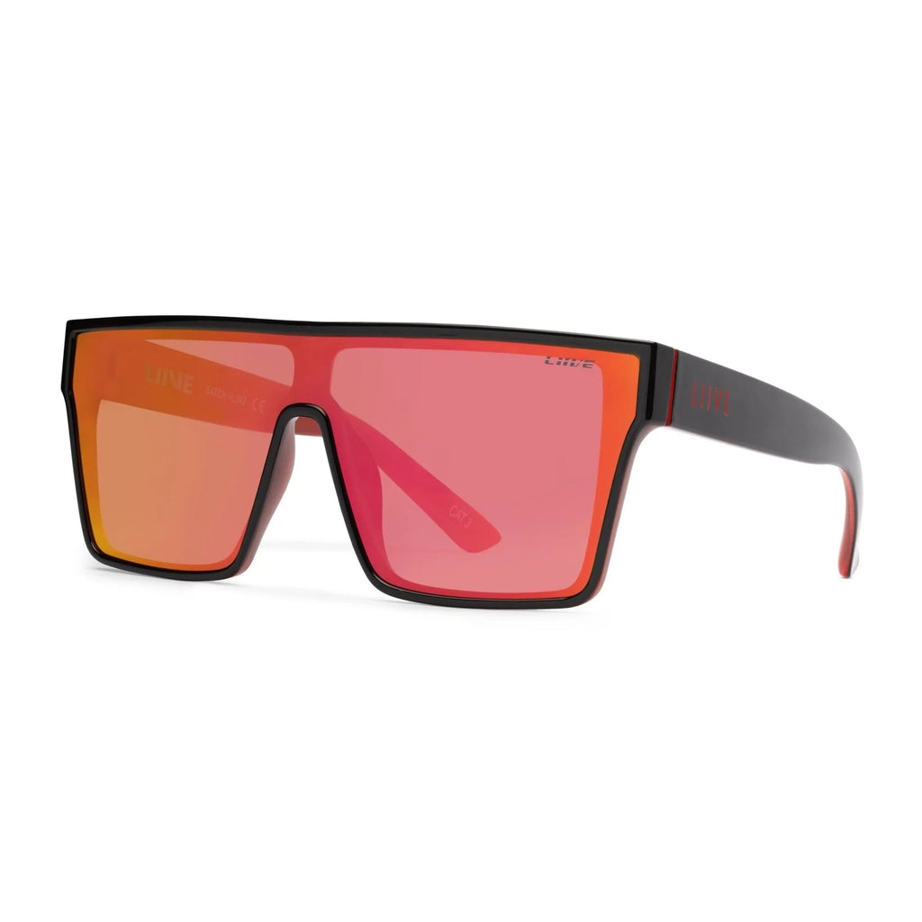 3-4 front view of a pair of Liive Vision Wasteland Sunglasses (L0828A) with red mirror lenses and black and red frames, on a white background.