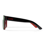 Side view of a pair of Liive Vision Wasteland Sunglasses (L0828A) with red mirror lenses and black and red frames, on a white background.