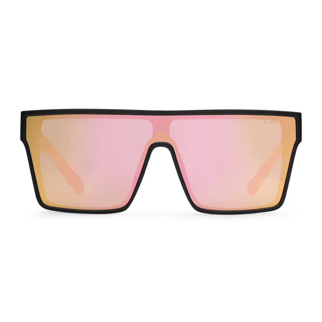 A front view of a pair of Liive Vision Wasteland Sunglasses (L0828B) with matte black frames and mirrored pink lenses, shown against a plain white background.