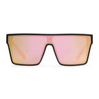 A front view of a pair of Liive Vision Wasteland Sunglasses (L0828B) with matte black frames and mirrored pink lenses, shown against a plain white background.