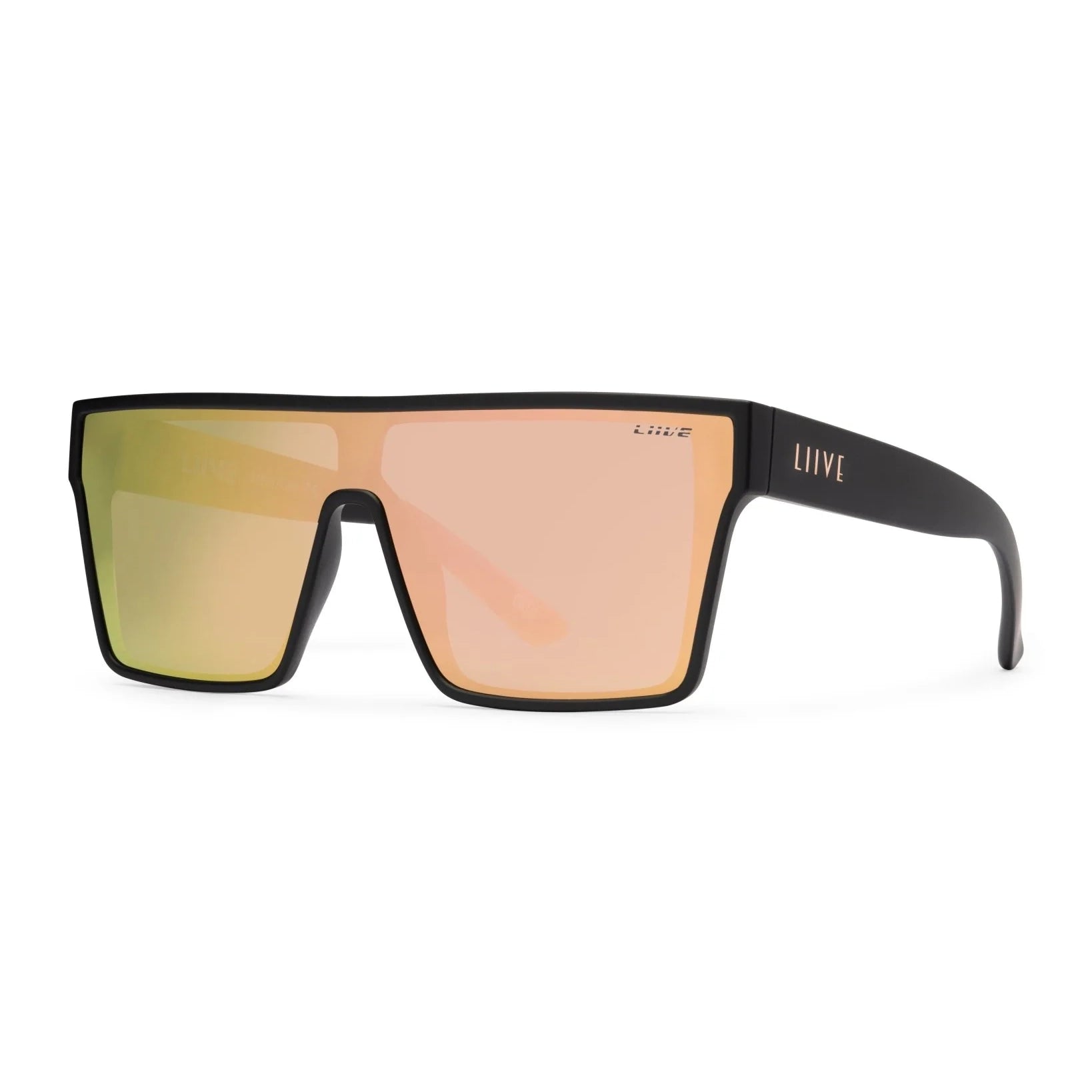 A 3-4 front view of a pair of Liive Vision Wasteland Sunglasses (L0828B) with matte black frames and mirrored pink lenses, shown against a plain white background.