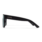 A side view of a pair of Liive Vision Wasteland Sunglasses (L0828B) with matte black frames and mirrored pink lenses, shown against a plain white background.