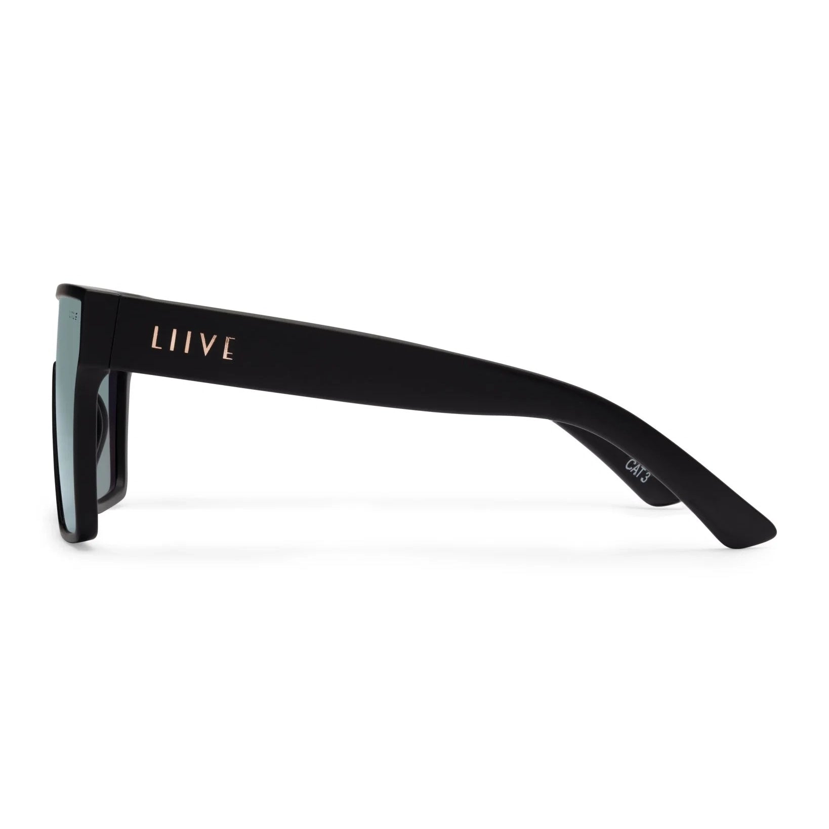 A side view of a pair of Liive Vision Wasteland Sunglasses (L0828B) with matte black frames and mirrored pink lenses, shown against a plain white background.
