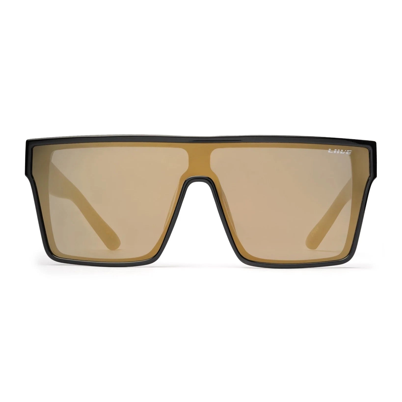 Front view of Black Liive Vision Wasteland Sunglasses (L0828C) with large mirror gold lenses and 'LIIVE' branding on the temple, shown on a white background.