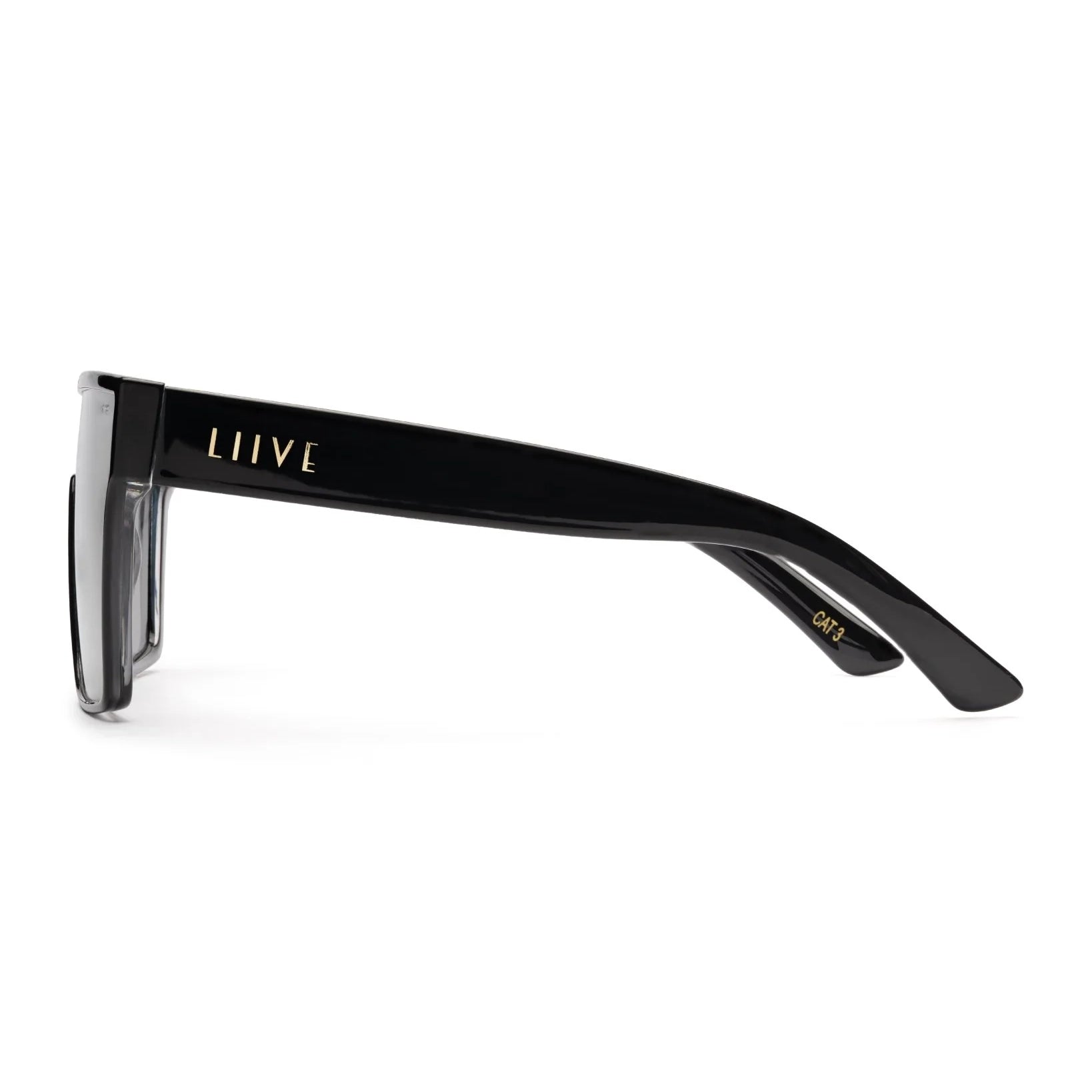 Side view of Black Liive Vision Wasteland Sunglasses (L0828C) with large mirror gold lenses and 'LIIVE' branding on the temple, shown on a white background.
