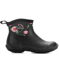 The Muck Boots Womens Muckster II Ankle Boots (MM2AW1ROS) in Black/Roses feature a floral upper with pink roses, a textured sole, pull tab, diamond-shaped logo, and offer lightweight, waterproof comfort—ideal for gardening.