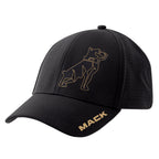 A black Mack Fitted Curved 6 Panel Cap (MKFLP2401BB0000)  featuring a gold outline graphic of a dog on the front and the word 'MACK' in gold on the brim, shown against a plain white background.