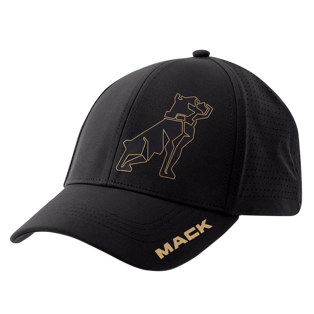 A black Mack Fitted Curved 6 Panel Cap (MKFLP2401BB0000)  featuring a gold outline graphic of a dog on the front and the word 'MACK' in gold on the brim, shown against a plain white background.