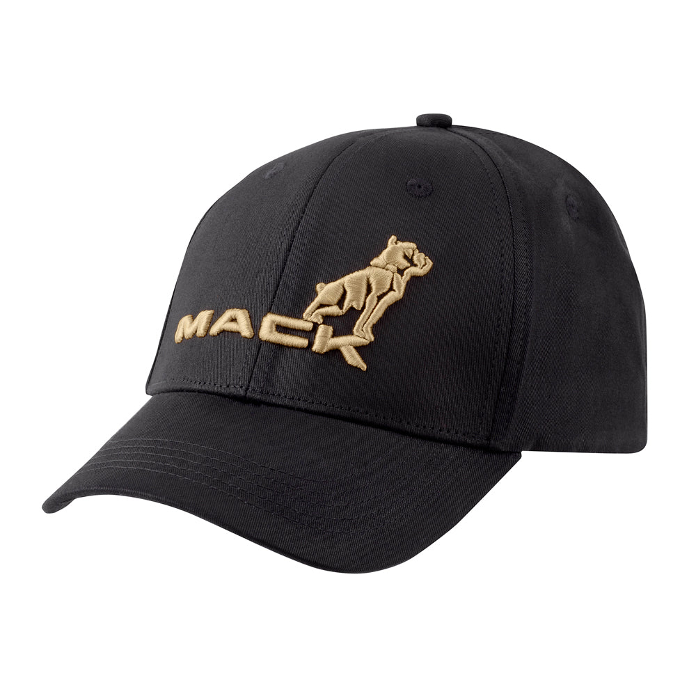 A black Mack Fitted Curved 6 Panel Cap (MKFLX2402BB0000) featuring a gold embroidered logo of a dog and the word 'MACK' on the front, set against a plain white background.