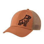 A tan Mack Fitted Curved 6 Panel Trucker Cap (MKFLX2401TA) Tan One Size, featuring a tan mesh back and a black embroidered outline Mack dog logo on the front panel.
