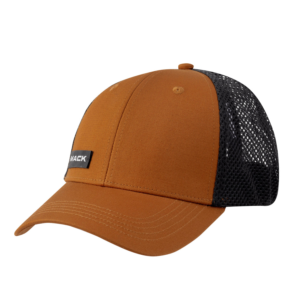 A Mack Fitted Curved 6 Panel Trucker Cap (MKFLX2403T10000) One Size with a warm brown front panels and brim, black mesh back panels, and a small black brand patch.