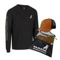 Mack Mens Cap & L/S Tee Bundle (MKLSCT01P) with Mack Fitted Curved 6 Panel Trucker Cap (MKFLX2403T10000) Tan/Black One Size, Mack Promo Bag and Mack Mens Classic L/S Tee (MKLSCT001BB) Black on a white background.