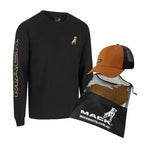 Mack Mens Cap & L/S Tee Bundle (MKLSCT01P) with Mack Fitted Curved 6 Panel Trucker Cap (MKFLX2403T10000) Tan/Black One Size, Mack Promo Bag and Mack Mens Classic L/S Tee (MKLSCT001BB) Black on a white background.