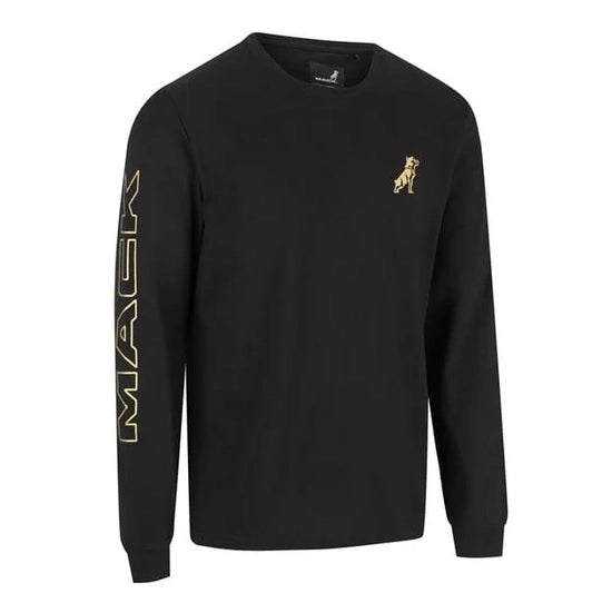 A black Mack Men's Classic L-S Tee (MKLSCT001BB) featuring a gold outlined 'MACK' logo printed vertically down the right sleeve and a small gold Mack logo on the left chest, shown against a plain white background.