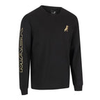 A black Mack Men's Classic L-S Tee (MKLSCT001BB) featuring a gold outlined 'MACK' logo printed vertically down the right sleeve and a small gold Mack logo on the left chest, shown against a plain white background.