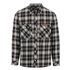 Mack Men's Long Sleeve Flannelette Shirt (MKSW26022) in Black and Grey plaid shirt with a Mack brand logo badge on the left pocket on a white background.