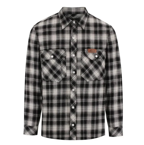 Mack Men's Long Sleeve Flannelette Shirt (MKSW26022) in Black and Grey plaid shirt with a Mack brand logo badge on the left pocket on a white background.