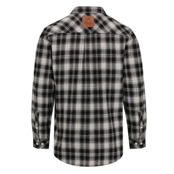 Mack Men's Long Sleeve Flannelette Shirt (MKSW26022) Black and Grey plaid shirt with a Mack brand patch on the back neck against a white background.