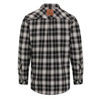 Mack Men's Long Sleeve Flannelette Shirt (MKSW26022) Black and Grey plaid shirt with a Mack brand patch on the back neck against a white background.