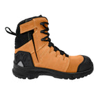 The Mack Mens Terrapro Zip 2.0 Safety Boots (Honey) feature a tan and black design, rugged rubber sole, reinforced toe, black laces, side zipper for easy access, contrast stitching, ankle support, and back pull tab.