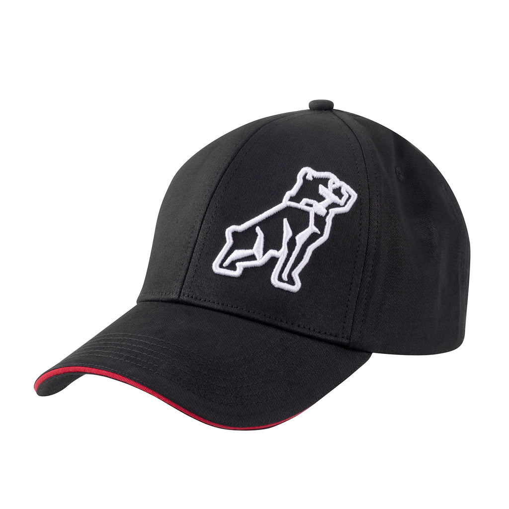 A black Mack Sandwiched Curved Baseball Cap (MKBAS2401BD0000) with red sandwich piping detail and a white Mack Dog Logo embroidered on the front on a white background.