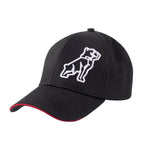 A black Mack Sandwiched Curved Baseball Cap (MKBAS2401BD0000) with red sandwich piping detail and a white Mack Dog Logo embroidered on the front on a white background.