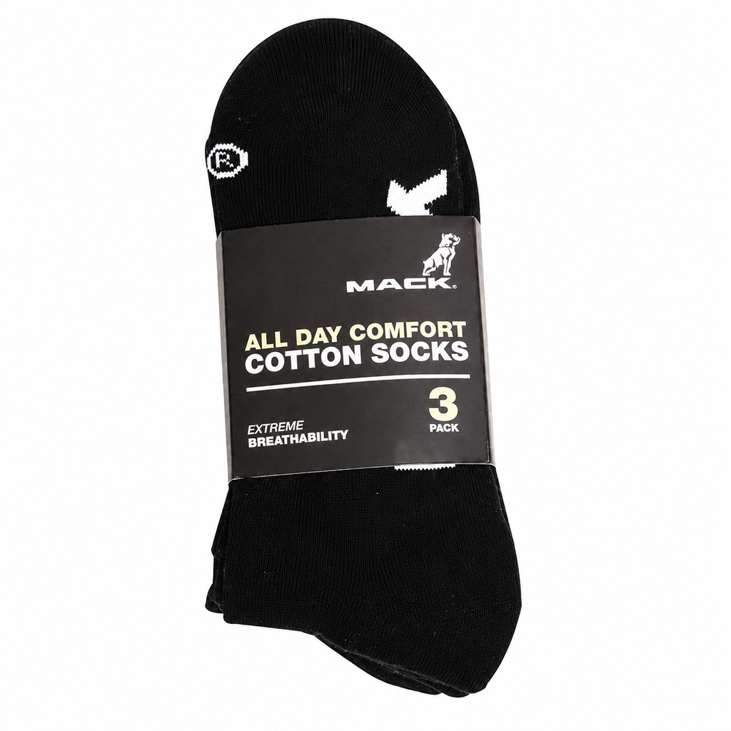 A three-pack of black cotton Mack Crew Socks (MKCOTSOCKBB) in a paper packaging sleeve, branded MACK. The packaging displays the text 'ALL DAY COMFORT COTTON SOCKS', 'EXTREME BREATHABILITY' and '3 PACK'.