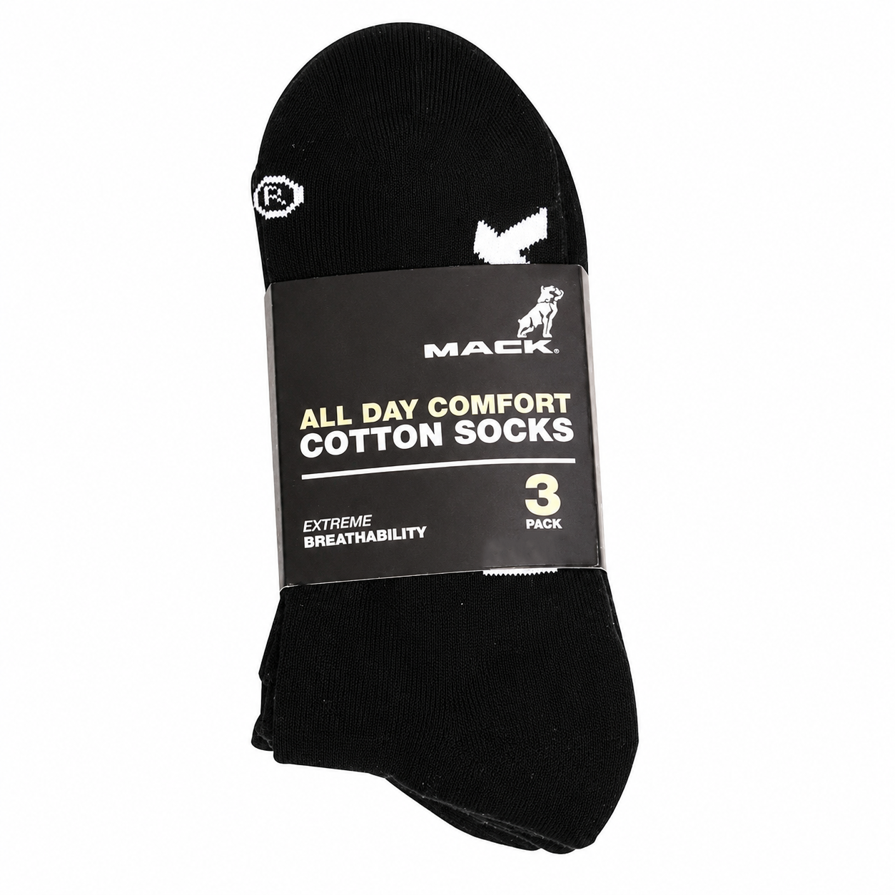 A three-pack of black cotton Mack Crew Socks (MKCOTSOCKBB) in a paper packaging sleeve, branded MACK. The packaging displays the text 'ALL DAY COMFORT COTTON SOCKS', 'EXTREME BREATHABILITY' and '3 PACK'.