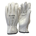 A white pair of Mack Frontier Standard Cowgrain Rigger Gloves (FRRIGGSTDWW) photographed ona white background. 