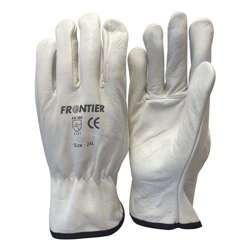 A white pair of Mack Frontier Standard Cowgrain Rigger Gloves (FRRIGGSTDWW) photographed ona white background. 