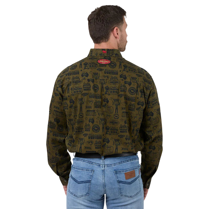 Man wearing a patterned shirt with a visible brand logo on the back, standing against a plain background.
