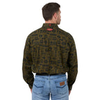 Man wearing a patterned shirt with a visible brand logo on the back, standing against a plain background.