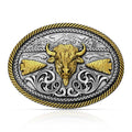 The Montana Silversmiths Attitude Buckle (A1066P) Buffalo showcases an ornate oval design with a gold bull head centerpiece, gold arrowheads, engraved silver Montana Armor background, scrollwork accents, and a twisted gold border.