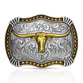 The Montana Silversmiths Attitude Buckle (A1072P) Longhorn features ornate silver scrollwork, a raised gold longhorn bull’s head, and gold accents on the border, all crafted in durable Montana Armor.