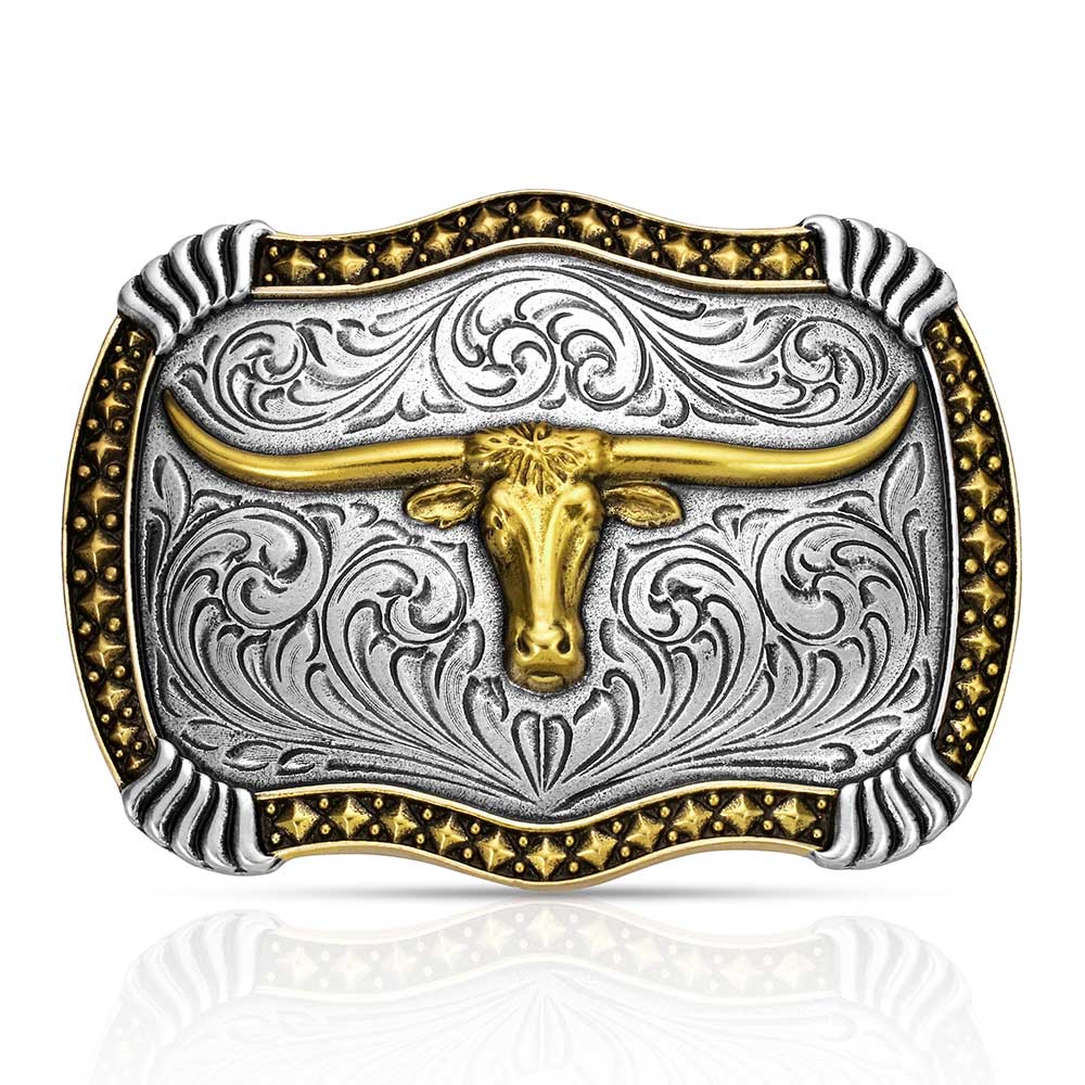The Montana Silversmiths Attitude Buckle (A1072P) Longhorn features ornate silver scrollwork, a raised gold longhorn bull’s head, and gold accents on the border, all crafted in durable Montana Armor.